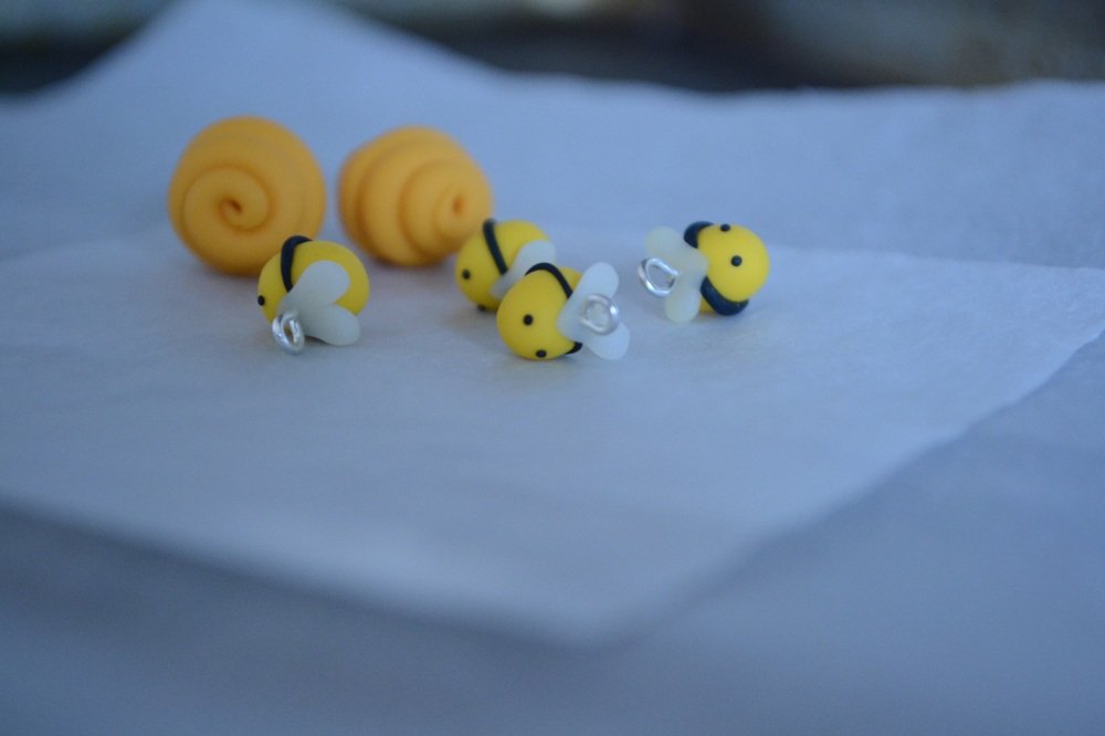 Very Tiny Polymer Clay Bees + Beehive Charms