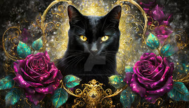 Black Cat with Magenta Roses