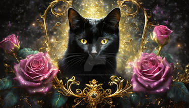 Black Cat with Pink Roses