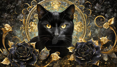 Black Cat with Black Roses