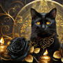 Black Cat with Candles and Black Roses