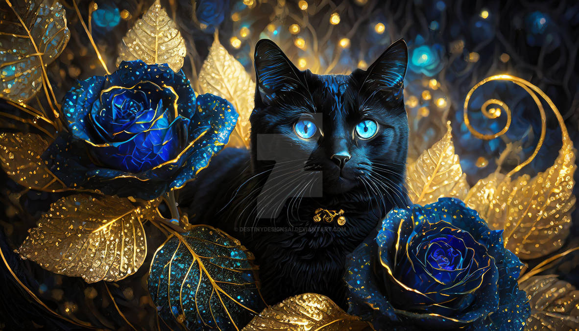 Black Cat with Blue Roses by DestinyDesignsAI on DeviantArt