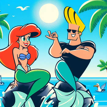 Ariel hanging with Johnny Bravo at the beach