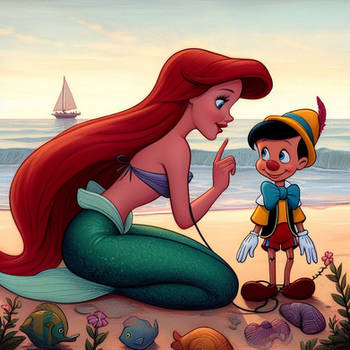 Ariel and Pinocchio on the beach