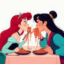 Ariel and Mulan enjoying a plate of spaghetti