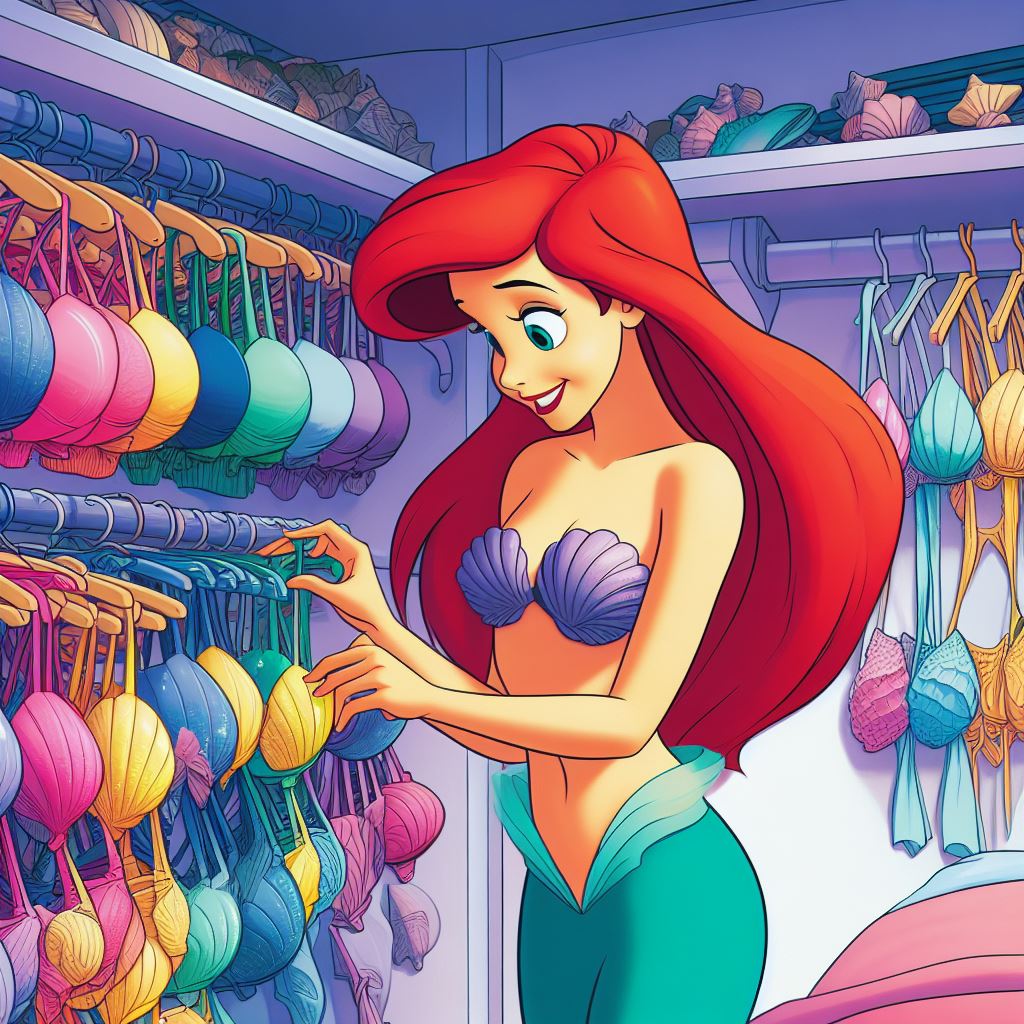 Ariel checking her rack of seashell bras by FloodUnversed on DeviantArt