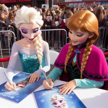 Anna and Elsa signing posters