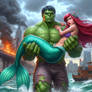 Hulk carrying Ariel from the ocean