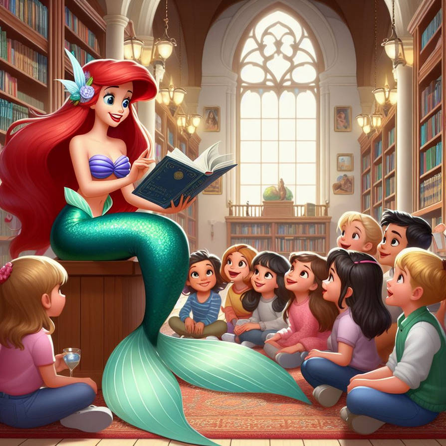 Library Ariel Ariel reading to a group of kids by FloodUnversed on DeviantArt