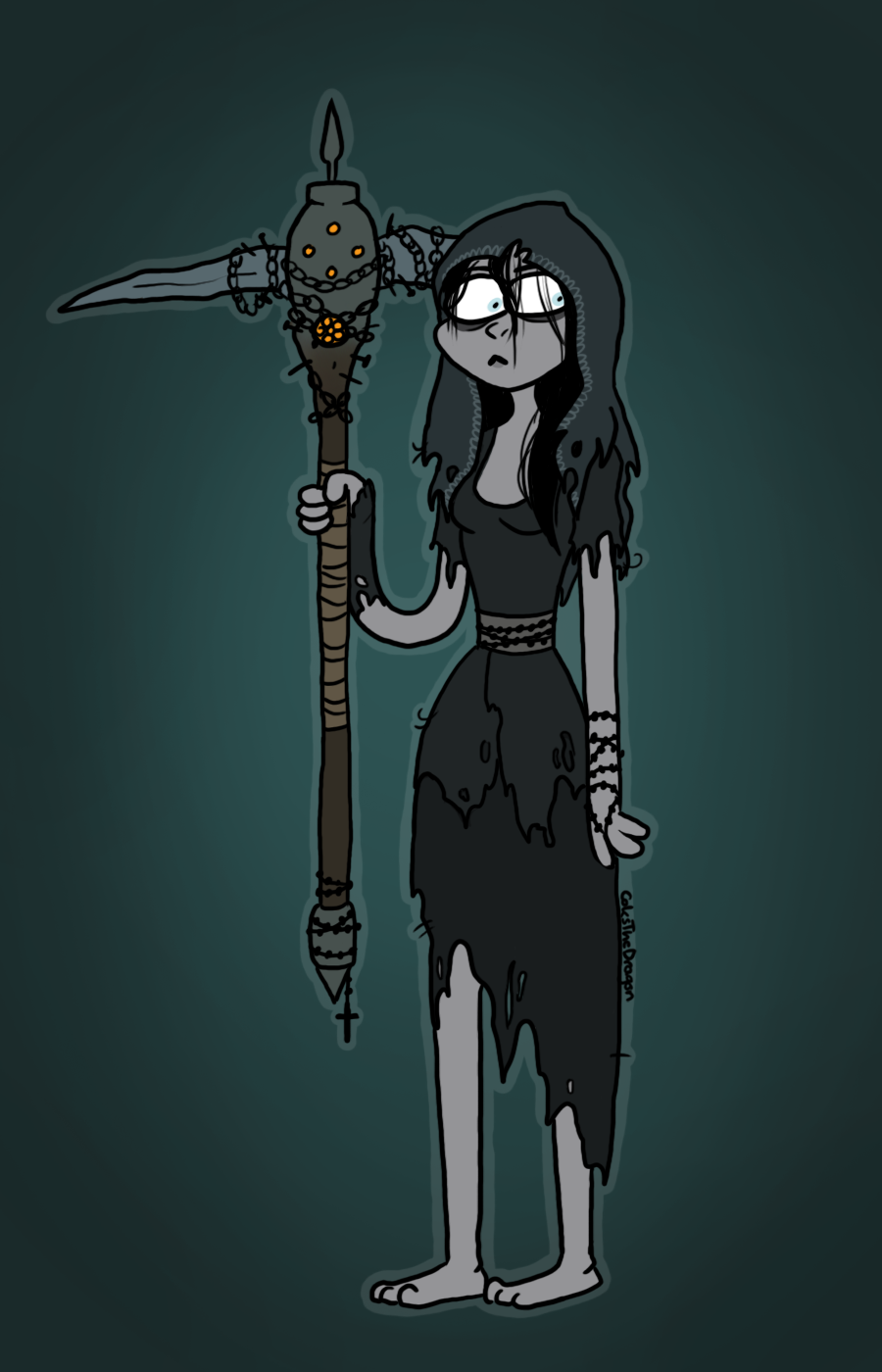 long lady with pickaxe