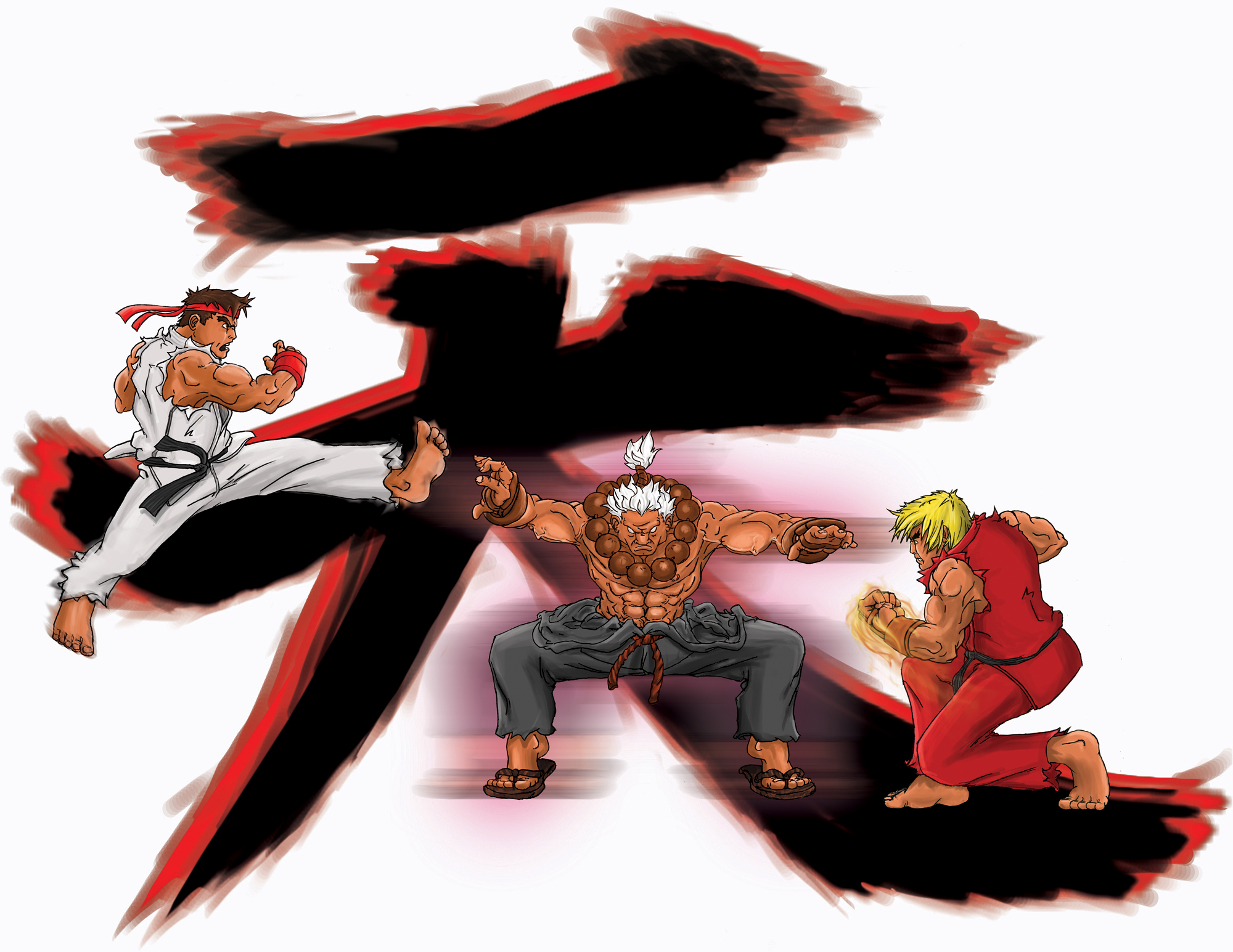 ryu, akuma, and evil ryu (street fighter) drawn by boyaking