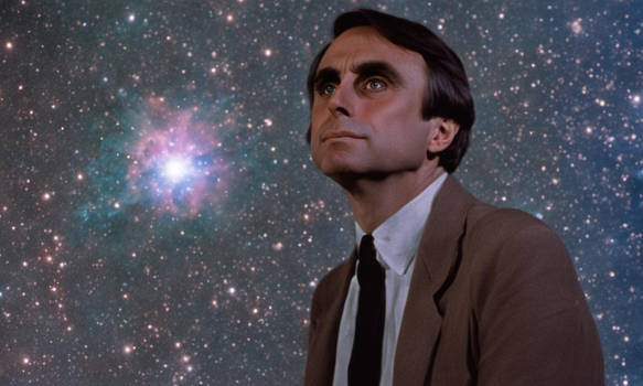 Astronomer Carl Sagan looking wistfully into a neb