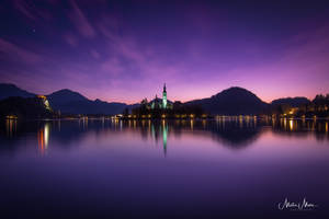 Island in the middle of the lake Bled at sunris