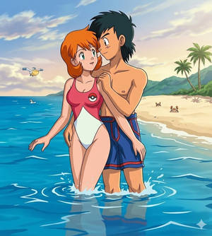 Another Ash and Misty beach fanart (AI restored)