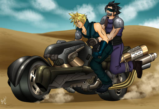 Zack tied up and gagged on Cloud's bike