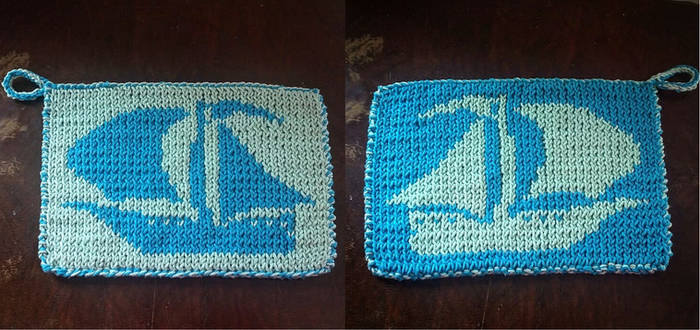 Knitted Blue Ship Potholder