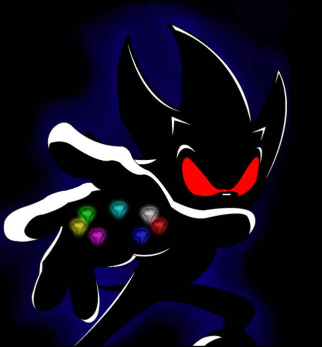 Dark sonic. hedgehog, black fur, no pupils, pointed eyes. red