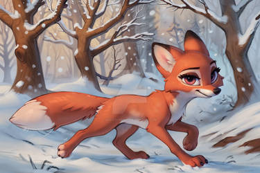 Vixey walks through the snowy forest