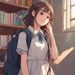 a beautiful Girl In A School Dress Listening Song 