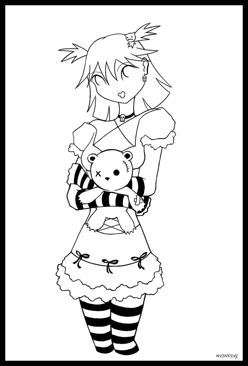 A Goth And Her Teddy - Lineart