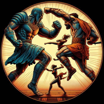 Two Gladiators Boxing With Two Ballerinas