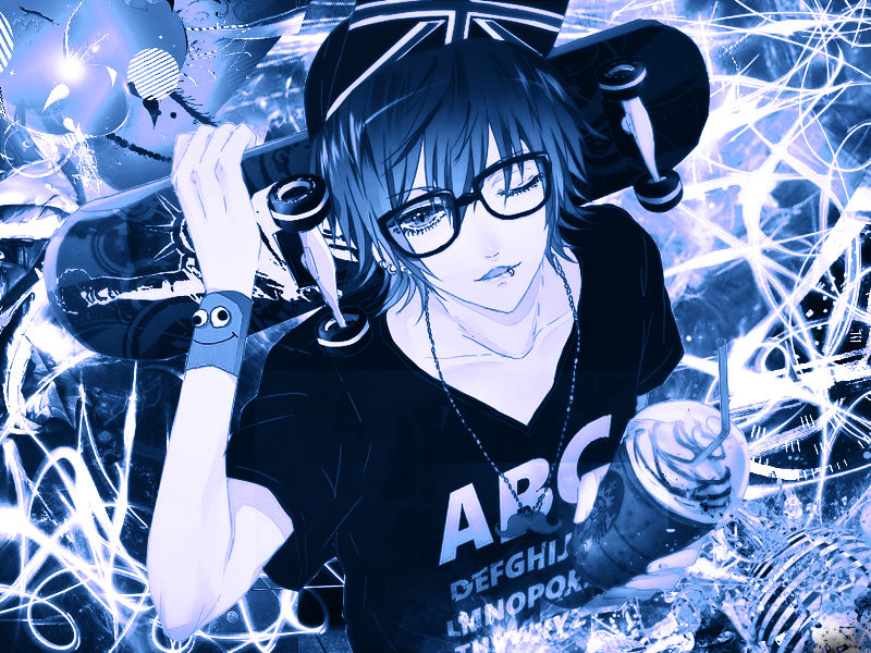 Dark blue hair anime boy skateboarding