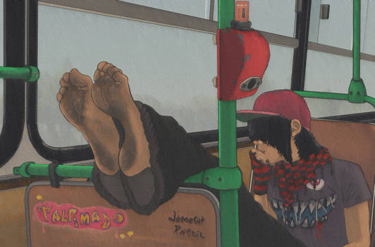 Emo boy barefoot on the Budapest bus