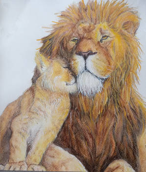 Lion and cub in watercolor pencils