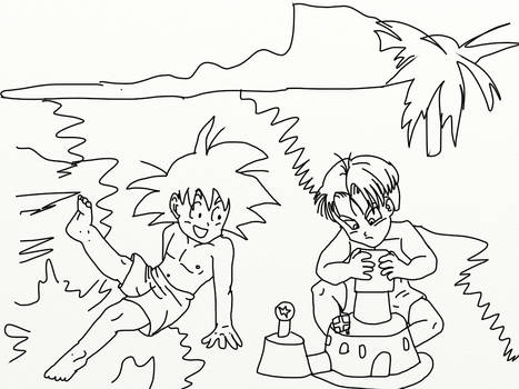 Goten and Trunks at the beach (line art)