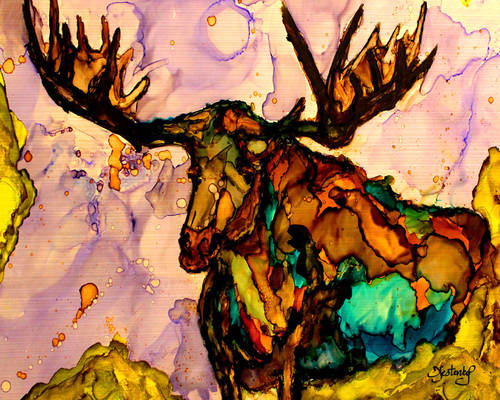 Moose Garden, alcohol ink on ceramic tile