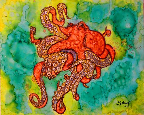 Octopus Tango, alcohol ink on yupo