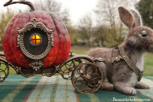 Needle felted rabbit pumpkin carriage sculpture