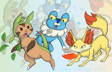 Chespin, Froakie, and Fennekin