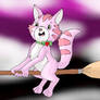 Custard the Pink cat rides on a broomstick