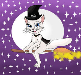 Talking Angela rides on a broomstick