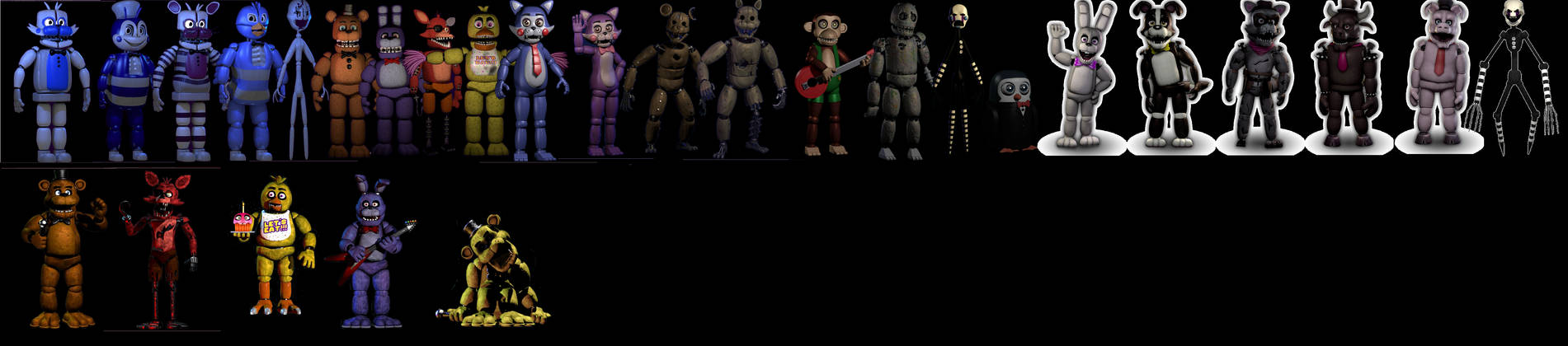 The animatronics from Five Nights At Freddy's and by Mojo1985 on DeviantArt