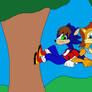 Chance the hedgehog and Sally Acorn climbing up tr