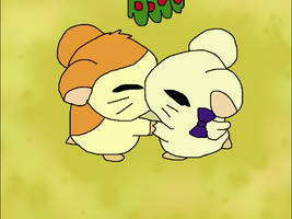 Hamtaro and Bijou kissing under the mistletoe