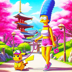 Marge Simpson Walking With Pikachu in Japan