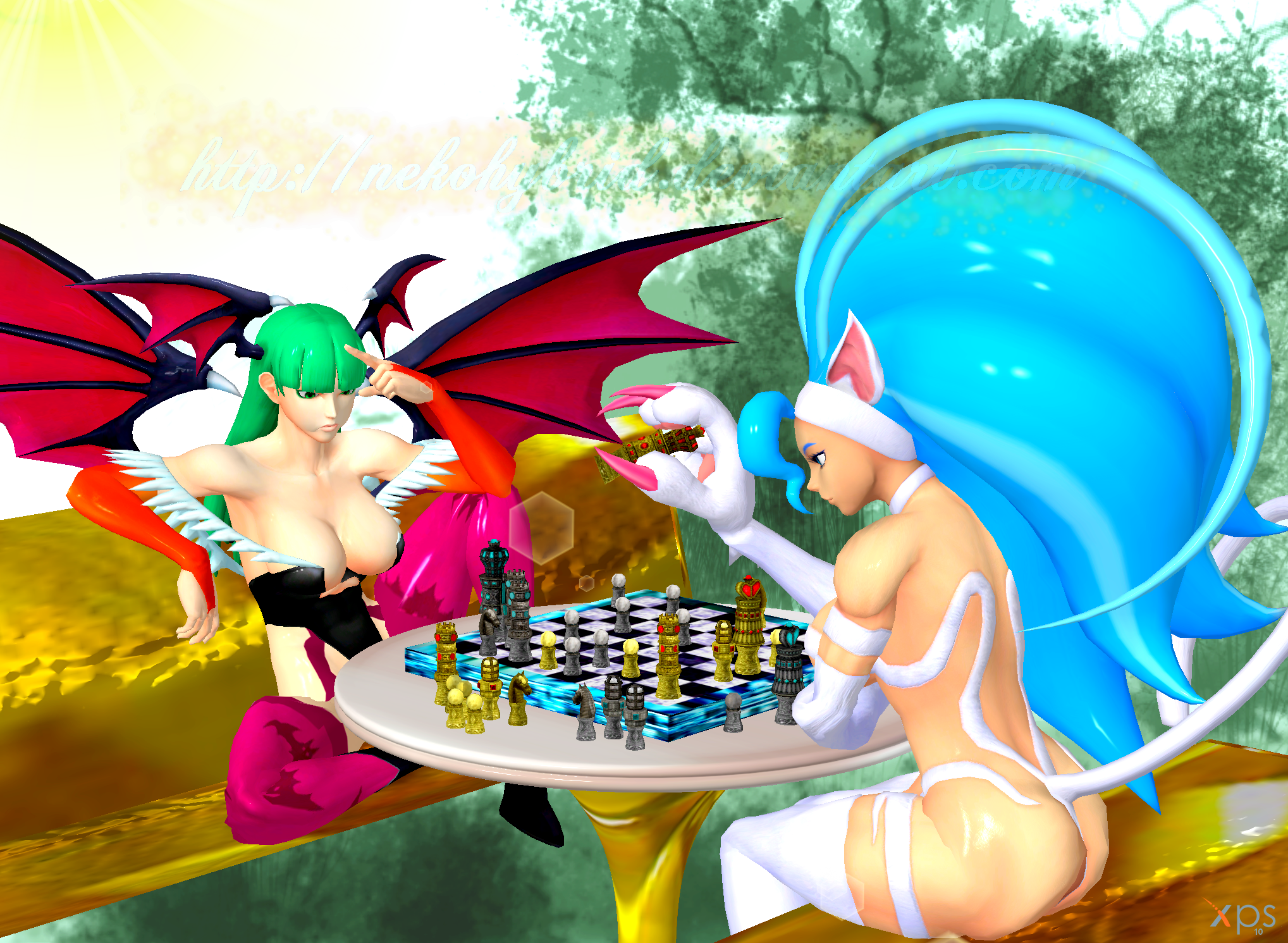 Felicia and Morrigan Playing Chess