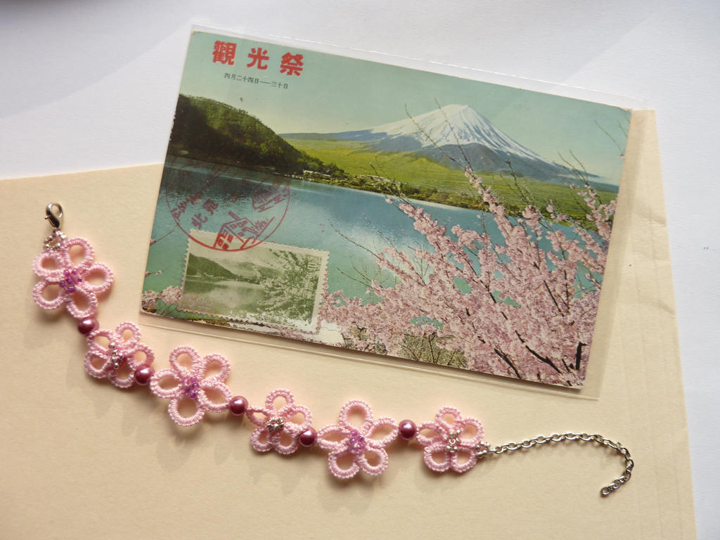 Sakura - cherry blossom handmade tatted bracelet by MJsFlowerfield Sakura - cherry blossom handmade tatted bracelet by MJsFlowerfield