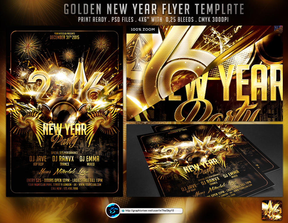 Golden new. Happy New year Flyer Template. Ranvx.