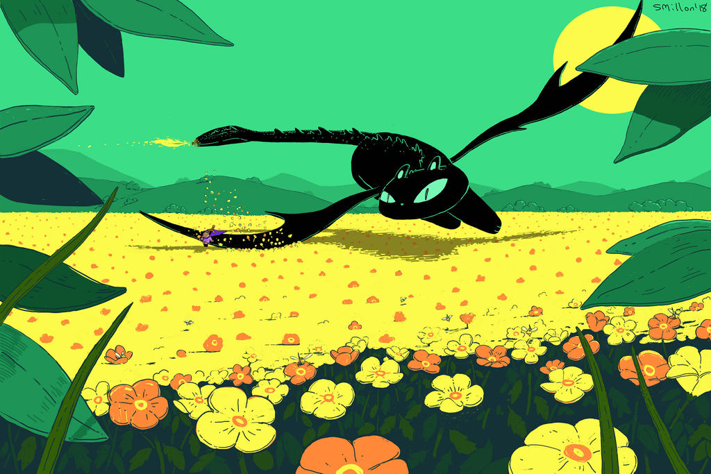 Cat Dragon Flying Over Flower Field