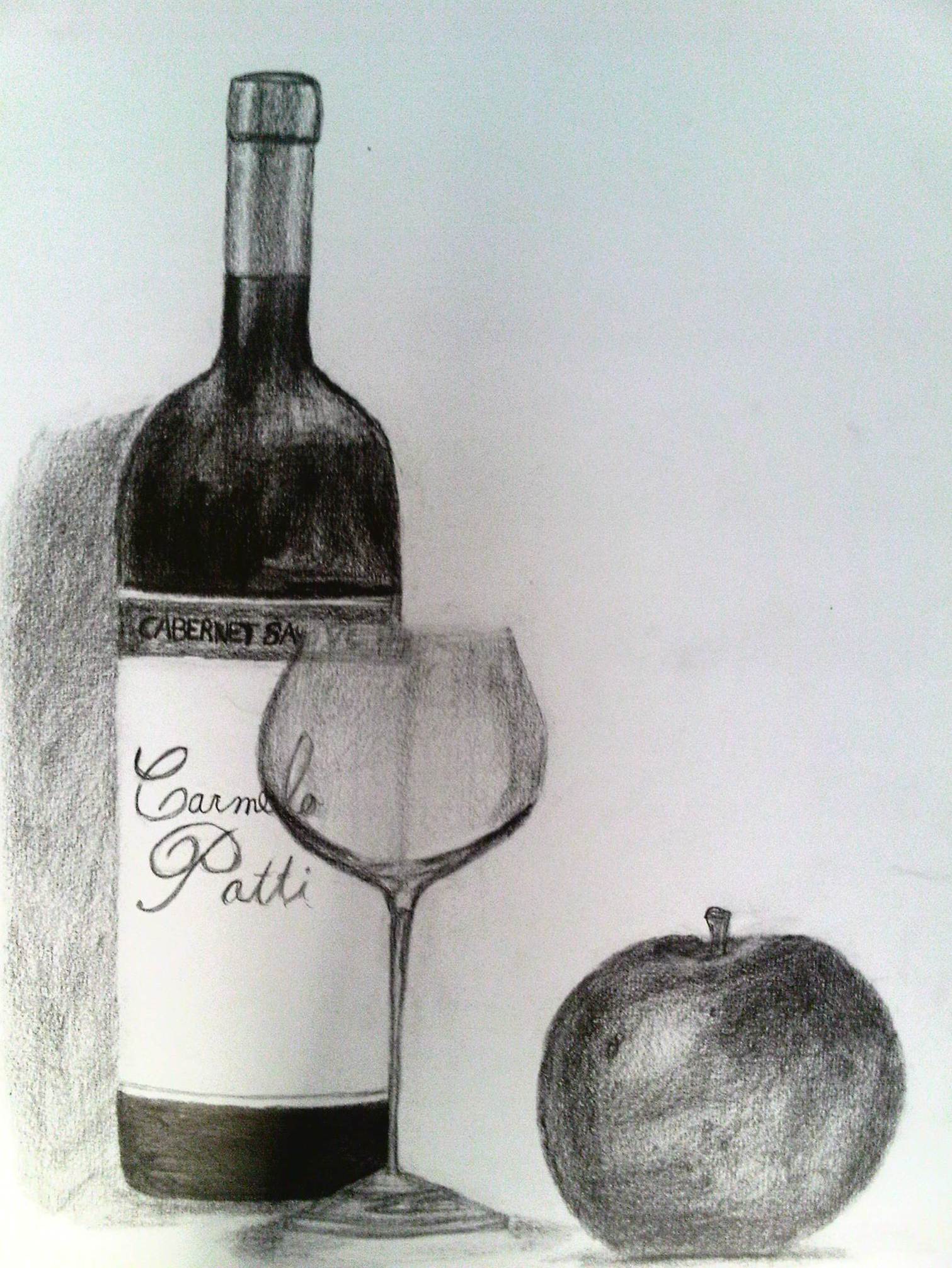 Botella de vino, copa, y manzana en dibujo grafito by EnriqueNg on  DeviantArt