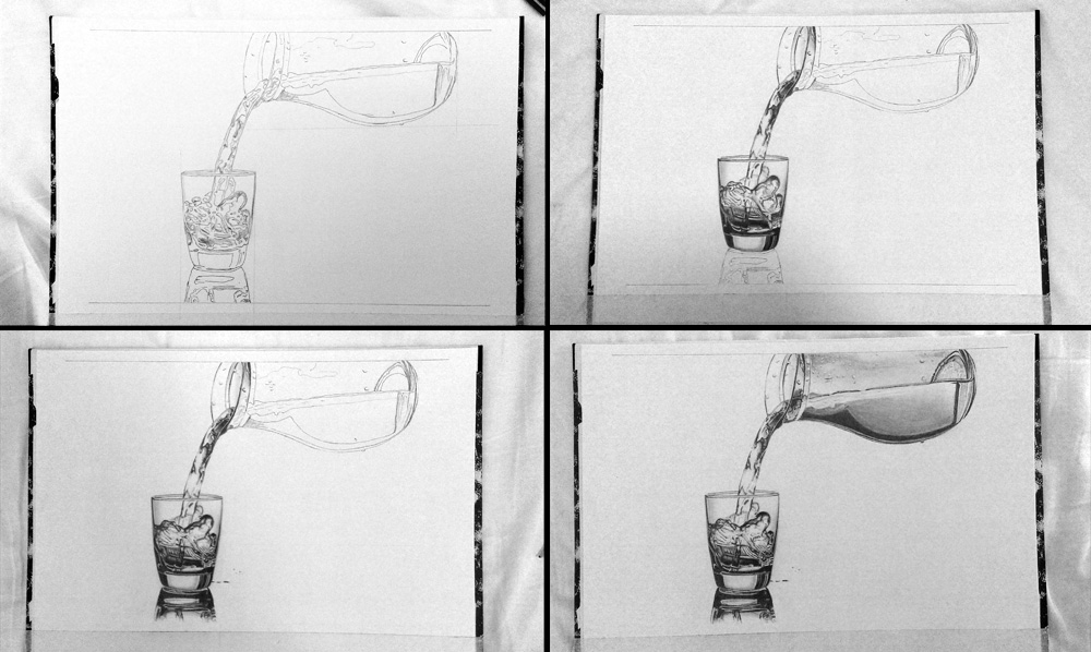 Drawing pencil progress pouring a glass of water