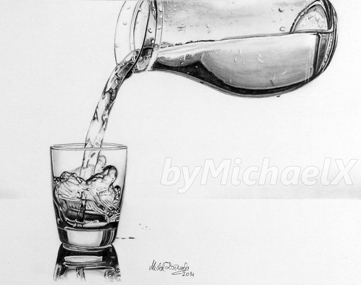 Drawing pencil pouring a glass of water