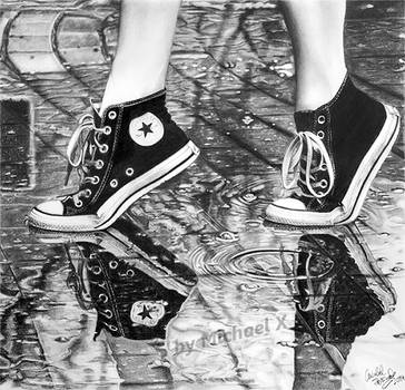 Pencil drawing - shoes in the rain