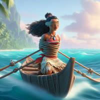 Moana tied and blindfolded in a canoe