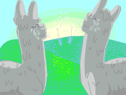 2 Lamas Watching The Sunset And Spitting