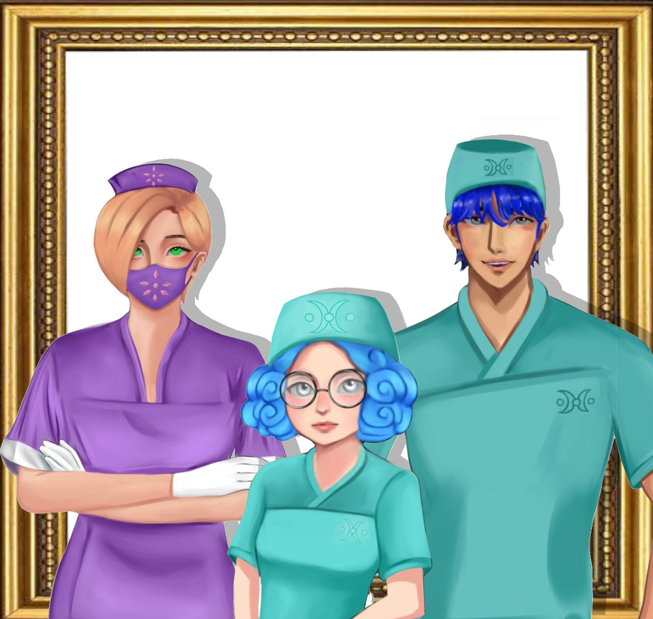 Digimon Tori family portait scrubs